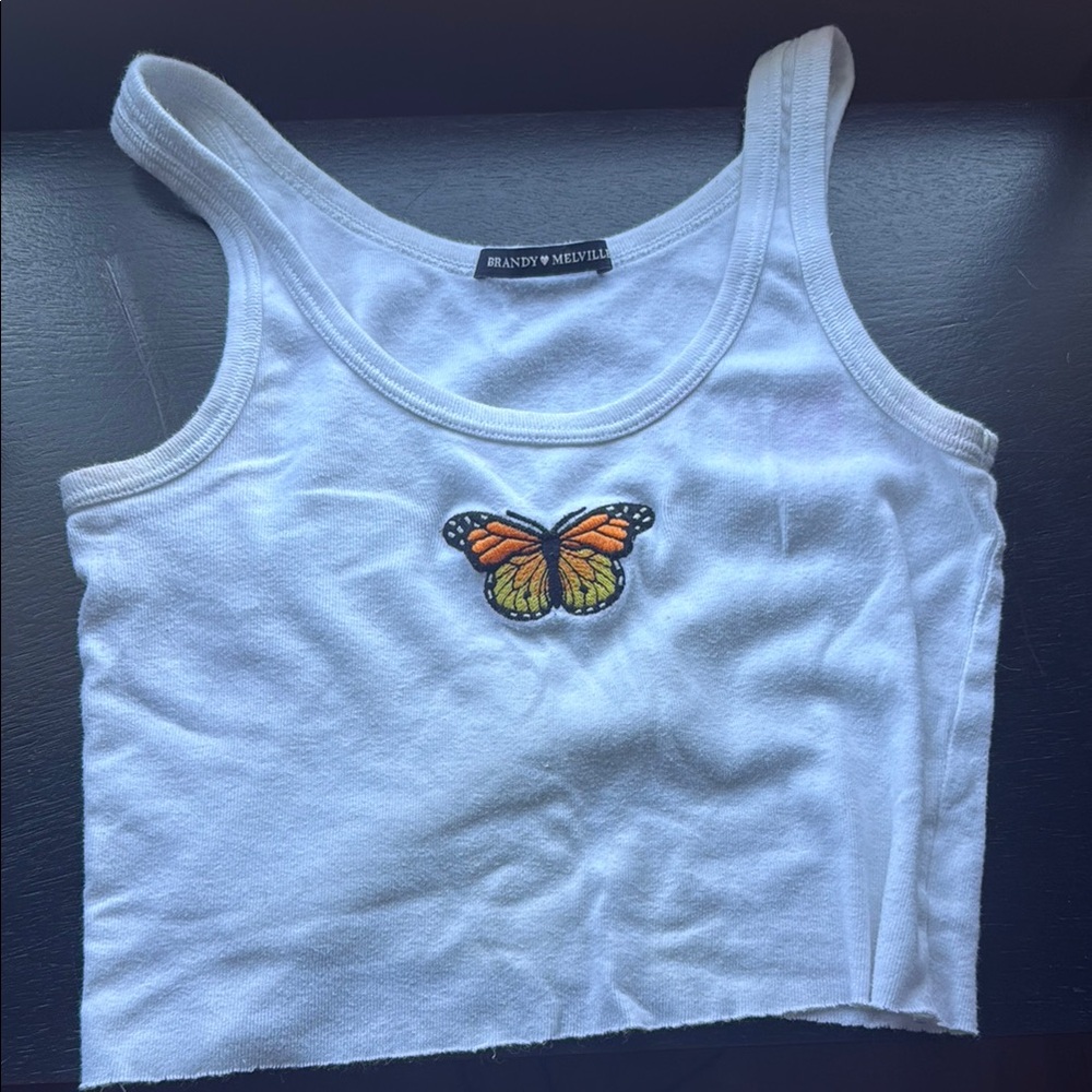 Brandy Melville Orange and White Camisole with Butterfly Design